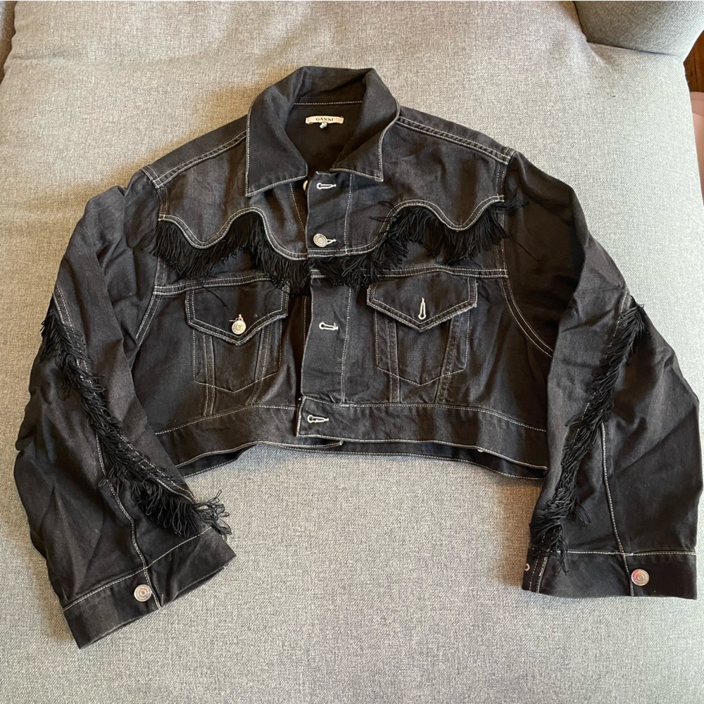 Ganni Black Jean Jacket with Fringe